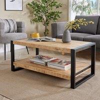 Home Source Industrial Coffee Table Mango Wooden Top Sturdy Iron Frame Home Living in Light Oak