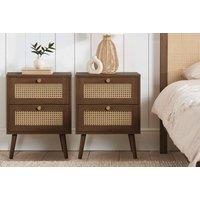Birlea Pair of Bedside 2 Drawer Cabinet Rattan Croxley Side Table Walnut in Brown