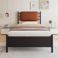 Merax 3ft Single Black Metal Bed Frame with Brown PU Upholstered Headboard
