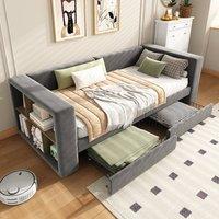 Merax 3ft Single Grey Velvet Daybed Sofa Bed with Side Storage & 2 Drawers