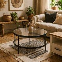 Wyld Haus Featheroak Smoked Glass Round Coffee Table Grey Black Metal Legs