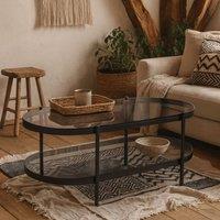 Wyld Haus Featheroak Grey Smoked Glass Oval Coffee Table Matt Black Metal Base