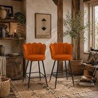 Wyld Haus Nivi Set of 2 Orange Velvet Feel Lotus Design Bar Stools