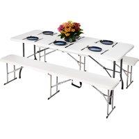 Novecrafto Folding Table & Folding Bench Seat Set Plastic Surfaces & Steel Frames in White
