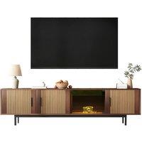 BTM TV cabinet with carved texture, LED strip & tempered glass door in Brown