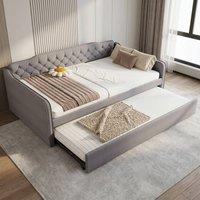 Merax 4ft6 Double Grey Velvet Upholstered Daybed with Pull-Out Trundle Bed