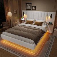Merax King Size Floating Bed with Extended LED Headboard & Reading Lights in White