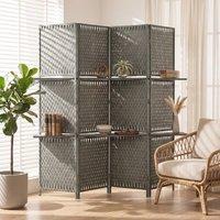 HOMCOM 4 Panel Folding Wall Divider Room with Shelves Privacy Screen Panels in Grey