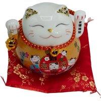 KDMD Gold Ceramic Moving Money Cat With Paw & Red Cushion