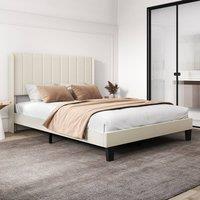 Levede King Bed Frame Metal & Wood Plush Upholstered Mattress Base in Beige