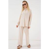 Big Dart Women's Textured Long Sleeve Knit Shirt & Pants Knitted Co-ord Set in Cream | Size: Small