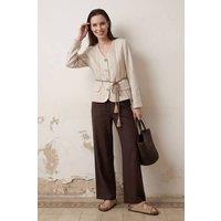 MyFashion Women's Striped belted poplin jacket in Light Beige | Size: Small