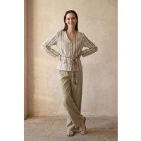 MyFashion Women's Striped belted poplin jacket in Medium Beige | Size: XL