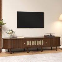 Matteo Dark Walnut Rattan TV Stand - Oval MDF Cabinet with Roll-Up Doors