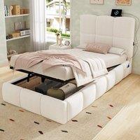 Matteo Upholstered Single Bed - Hydraulic Storage & USB - Velvet in Beige