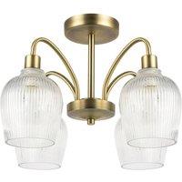 Happy Homewares Classic Stylish Ceiling Light Fitting with Clear Ribbed Glass Shades in Metallic Gold