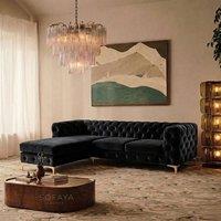 Sofaya Monaco Chesterfield 3 Seater Sofa Velvet Left Hand L Shaped Chaise in Black