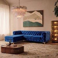 Sofaya Monaco Chesterfield 3 Seater Sofa Velvet Left Hand L Shaped Chaise in Blue