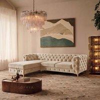 Sofaya Monaco Chesterfield 3 Seater Sofa Velvet Left Hand L Shaped Chaise in Cream
