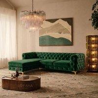 Sofaya Monaco Chesterfield 3 Seater Sofa Velvet Left Hand L Shaped Chaise in Green