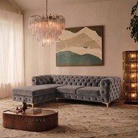 Sofaya Monaco Chesterfield 3 Seater Sofa Velvet Left Hand L Shaped Chaise in Grey