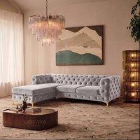 Sofaya Monaco Chesterfield 3 Seater Sofa Velvet Left Hand L Shaped Chaise in Light Grey