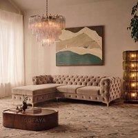 Sofaya Monaco Chesterfield 3 Seater Sofa Velvet Left Hand L Shaped Chaise in Light Brown