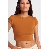 Dilvin Women's Slim Fit Crop Crew Neck T-Shirt in Camel | Size: Small