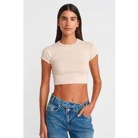 Dilvin Women's Slim Fit Crop Crew Neck T-Shirt in Light Beige | Size: Small