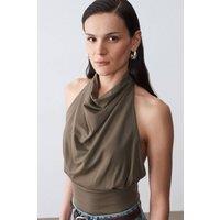 Dilvin Women's Fitted Sleeveless Cowl Neck Blouse in Khaki | Size: Large