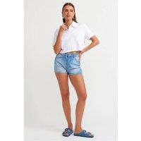 Dilvin Women's High-Waist Cotton Denim Mom Shorts in Mid Blue | Size: Small