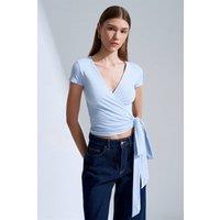 Dilvin Women's Crop Wrap Blouse With Tie Detail in Baby Blue | Size: Medium