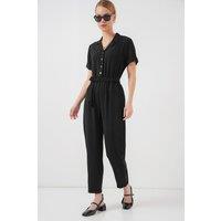 Big Dart Women's Solid Woven Shirt-collar Jumpsuit With Bow Detail in Black | Size: Medium