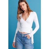 Dilvin Women's Women's Crop Wrap Blouse With Tie Detail in White | Size: Small