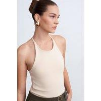 Dilvin Women's Slim Fit Halterneck Jersey Blouse in Medium Beige