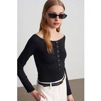 Dilvin Women's Slim-fit Boat Neck Bodysuit Blouse in Black | Size: Medium