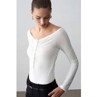 Dilvin Women's Slim-fit Boat Neck Bodysuit Blouse in Ivory | Size: Medium