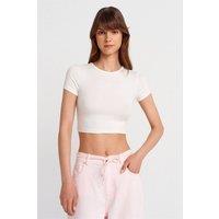 Dilvin Women's Crop Slim-Fit Crew Neck T-Shirt in Off-White | Size: Medium