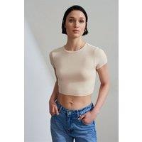 Dilvin Women's Crop Slim-Fit Crew Neck T-Shirt in Light Beige | Size: Small