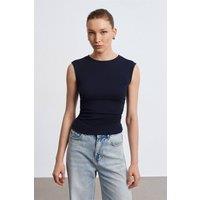 Dilvin Women's Sleeveless Ribbed Crew Neck Slim Fit T-Shirt in Dark Navy | Size: Small