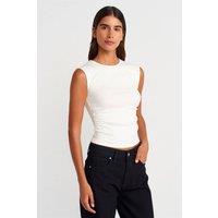 Dilvin Women's Sleeveless Ribbed Crew Neck Slim Fit T-Shirt in Off-White | Size: Small