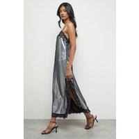 Warehouse Women's Sequin Lace Trim Square Neck Midi Slip Dress in Gun Metal | Size: 12