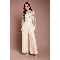 Coast Women's Embroidered Floral Mesh Long Sleeve Jumpsuit in Ecru | Size: 16
