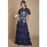 Coast Women's Embroidered Trailing Floral Cape Detail Tiered Bridesmaid Dress in Navy | Size: 16