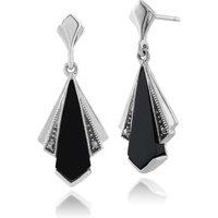 Gemondo Women's Art Deco Style Black Onyx & Marcasite Fan Drop Earrings in 925 Sterling Silver