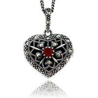 Gemondo Women's Art Nouveau Style Heart Cornelian & Marcasite Locket on Chain in 925 Sterling Silver | Size: 18 inches