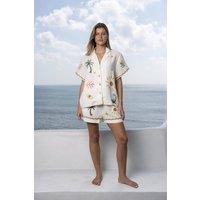 The Night Store Women's Tropical Muslin Pyjama Short Set in White | Size: 18-20
