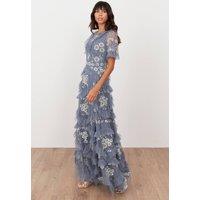 Maya Deluxe Women's Embellished Angel Sleeve Ruffle Maxi Dress in Mid Blue | Size: 10