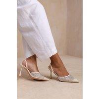 Where's That From Women's 'California' Wide Fit Diamante Mesh Pointed Toe Sling Back Heel in Beige | Size: 4
