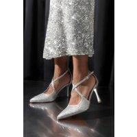 Where's That From Women's 'Channing' Embellished Cross Strap Heels in Silver | Size: 7